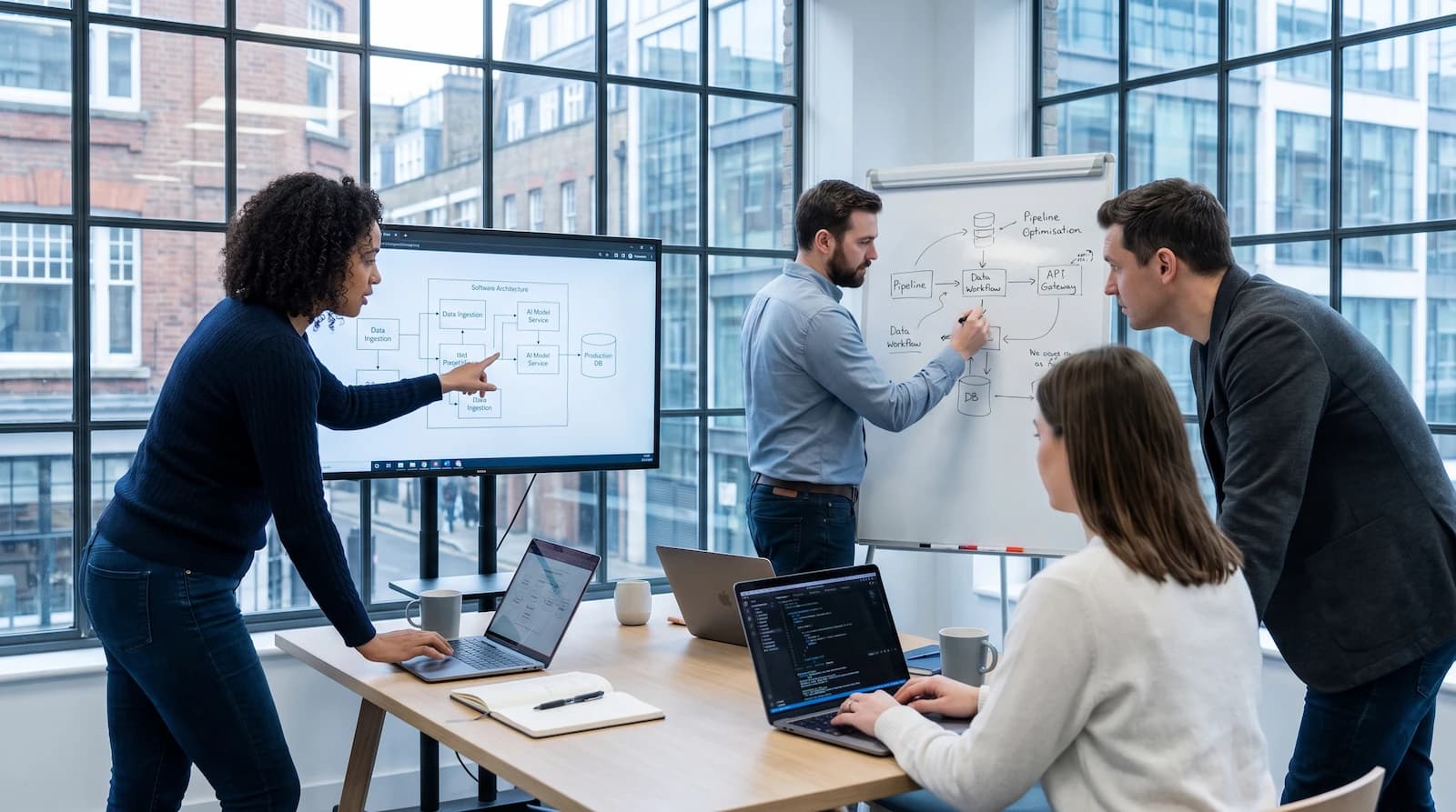 Technology professionals collaborating in a modern office workspace