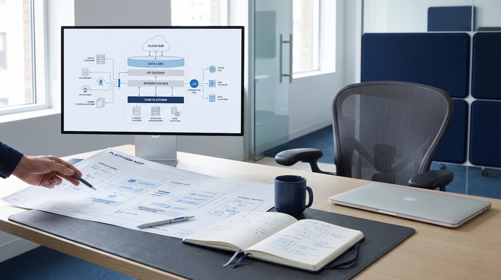 Modern technology workspace with architecture planning and resource engineering diagrams