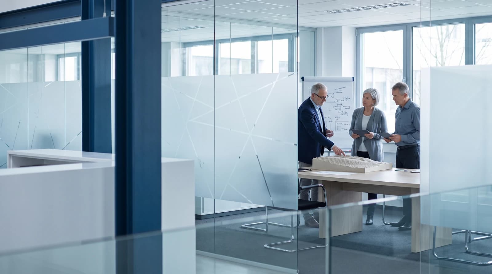 Senior technology specialists in a modern office reviewing governance and architecture decisions