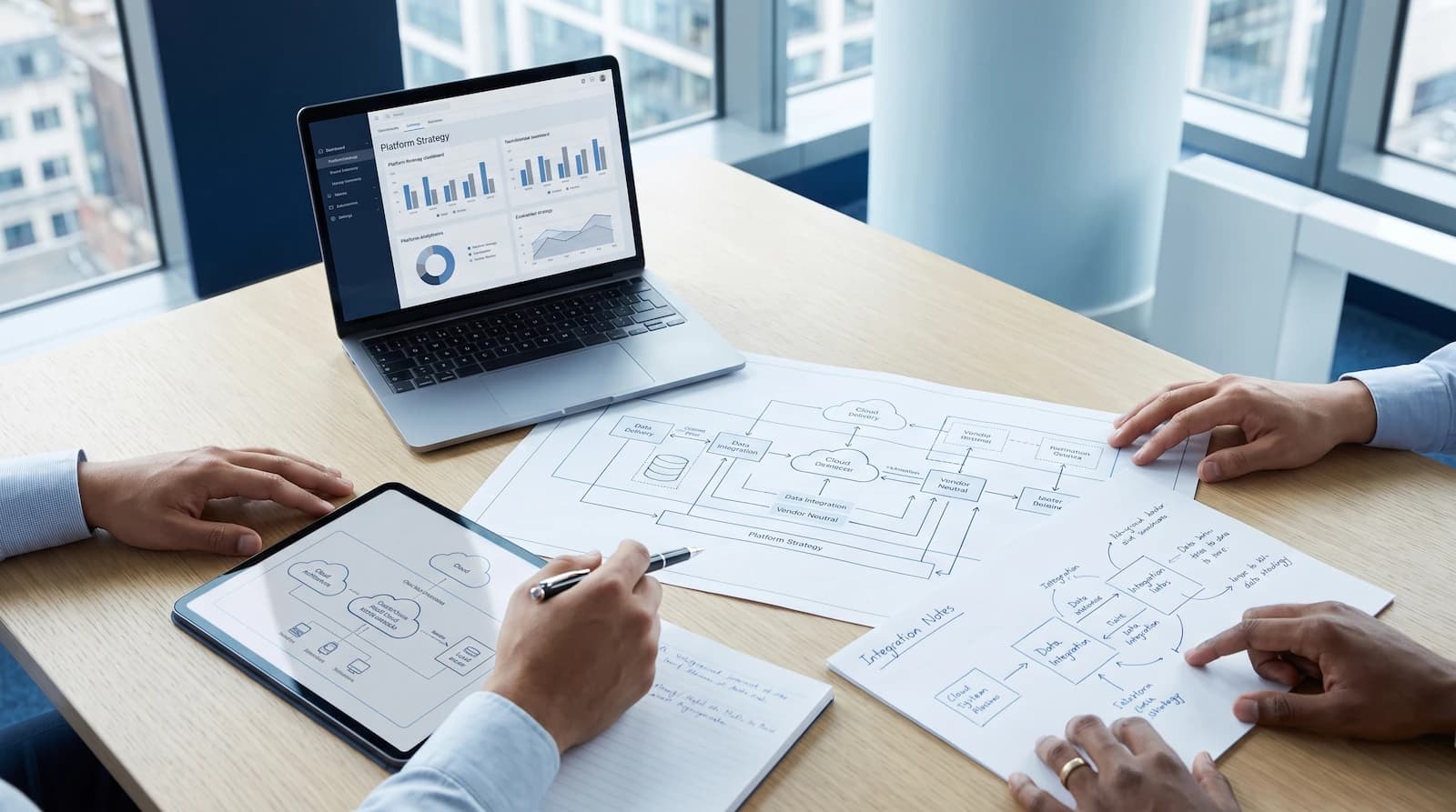 Senior technology specialists reviewing architecture in a modern office workshop